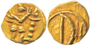 Hoysala Gold Fanam, obv. bow and two arrows; rev. Garuda. Very Fine, Very Rare.