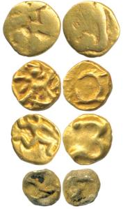 Hoysala and Shilahara, Gold ¼ Fanam (4), obv. hanuman or Garuda running; Kanarese letter o