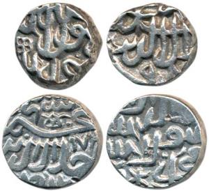Akbar, Silver Mahmudi, Mulher Mint, AH 98x, early style; Silver ½ Rupee, Mandu Mint, AH 97