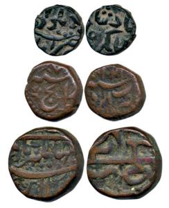 Jahangir, Copper ½ Dam, Ahmadnagar Mint; ¼ Dam, Agra Mint, AH 1027/7; ¼ Dam, Delwada Mint 
