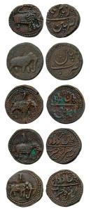 Tipu Sultan, Copper Paisa (5), Patan Mint different varieties. Fine+ to Extremely Fine. (5