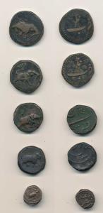 Tipu Sultan, Copper Paisa (4), Patan, Bellari and Nagar; ¼ Paisa of Faiz Hissar Mint. Fine