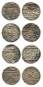 Amritsar Mint, Silver Rupee (4), Nanakshahi couplet, VS 1884/85, 1885/94, 1885/95, 1885/96