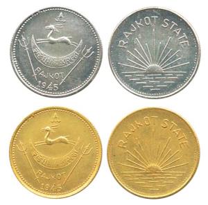 Dharmendrasinghji (AD 1930-1948), Gold Mohur and Gold Mohur in Silver, 1945 (KM Y1 & 1a). 