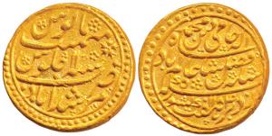 Gold Mohur, Murshidabad Mint, in the name of Shah Alam II, AH 1184/11 (KM 94). Nearly comp