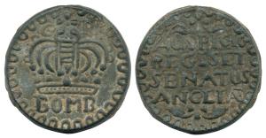 Bombay Tin 2 Pice, 28.63g, large crown and BOMB written below on obv., AUSFICIO/REGI SET/S