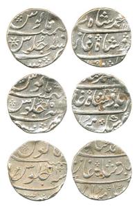 Mumbai Mint, Silver Rupee, in the name of Muhammad Shah, three different RYs 3, 11 and 15 