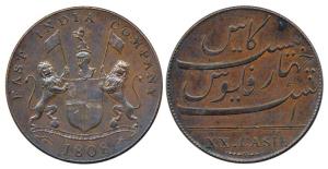 Proof Copper 20 Cash, 1808, coat of arms of the EIC on obv.; Persian and English legends o