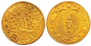 Gold Double Pagoda, 5.92 g, 1808-1815 issues, 9 stars on either side of Gopuram on obv., V