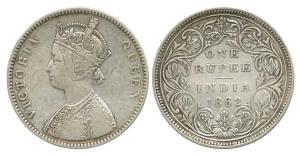 Victoria Queen, Silver Rupee, 1862, A / II / 0 / 10. About Very Fine, Scarce.