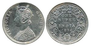 Victoria Queen, Silver Rupee, 1874, C1 / II / no dot. Very Fine+, Scarce