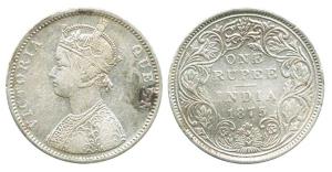Victoria Queen, Silver Rupee, 1875, A2 / II / no dot. About Very Fine, Rare.