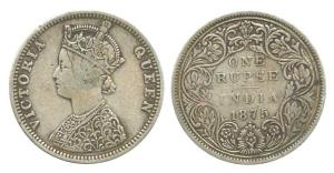 Victoria Queen, Silver Rupee, 1875, C1 / II, dot. About Very Fine, Scarce.