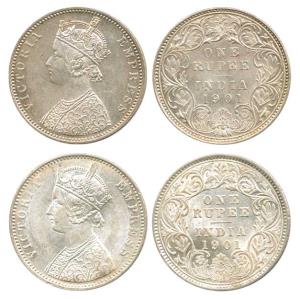 Victoria Empress, Silver Rupee (2), 1901, Bombay Mint, A3 / I, ’B’ incuse; Calcutta Mint, 