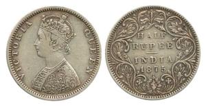 Victoria Queen, Silver ½ Rupee, 1875, Bombay Mint, obv. B2, rev. II, dot. Very Fine, Rare.