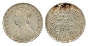Victoria Empress, Silver ½ Rupee, 1894, Calcutta Mint, obv. A, rev. I, ’C’ incuse. About V