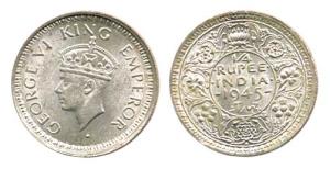 George VI, Silver ¼ Rupee, 1945, Bombay Mint, Large ’5’. Very Fine+, Scarce.