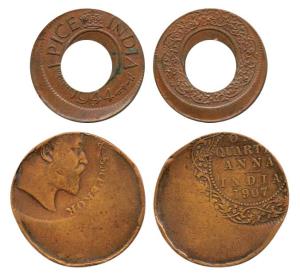 Copper Pice 1944; Edward VII, ¼ Anna, 1907, Error, both off-centre, die shift on both side