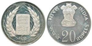 Silver Rupees 20, 1973, Grow More Food (KM 629). Uncirculated.