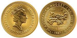 Australia, Gold 100 Dollars, 1 Ounce, 31.103g, 1987, 9999 purity, map of Australia on rev.