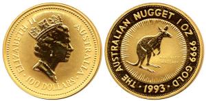 Australia, Gold 100 Dollars, 1 Ounce, 31.103g, 1993, 9999 purity, Kangaroo on rev. Proof, 