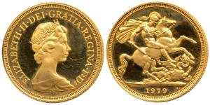 Great Britain, Queen Elizabeth, Gold Sovereign, St. George slaying a dragon on rev., 1979.
