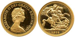 Great Britain, Queen Elizabeth, Gold Sovereign, St. George slaying a dragon on rev., 1979.