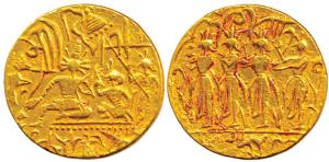 Rama Tanka or Temple Token, Gold, Lord Rama and Sita seated on a throne, Lakshmana standin
