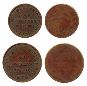 Copper Weights (2), 1870, Minimum weight of a Sovereign 122.5 grains; Minimum Weight of a 