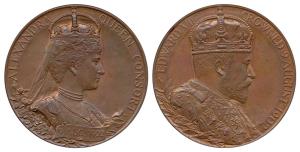 Coronation Medal of Edward VII, Bronze, Bust of the Emperor to right on obv.; bust of Quee
