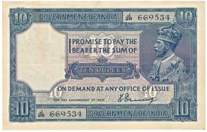 George V, Rupees 10, 2nd issue, 1925, signed H. Denning (Jhun # 7.1). Very Fine+, Scarce.