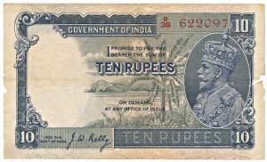 George V, Rupees 10, 3rd issue, 1933, signed J. W. Kelly, (Jhun 8.2). Tears on the right a