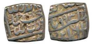 Akbar, Silver Square ½ Rupee, 5.60g, mint off flan, Kalima type, AH 993. About Very Fine, 
