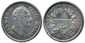 William IV, Silver ¼ Rupee, 1835, Calcutta Mint, 'F' raised, 18 Berries. Very Fine, Very R