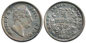 William IV, Silver ¼ Rupee, 1835, Bombay Mint, no initials. About Very Fine, Rare.