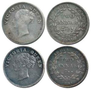 Victoria Queen, Silver 2 Annas (2), 1841, Calcutta Mint, continuous legend, no initials an