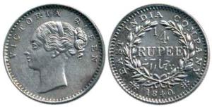Victoria Queen, Silver ¼ Rupee, 1840, Calcutta Mint, continuous legend, no initials. Very 