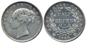 Victoria Queen, Silver ½ Rupee, 1840, continuous legend, English Head, no initials, rev. 1