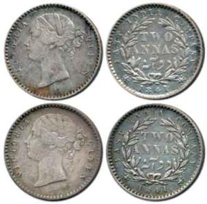 Victoria Queen, Silver 2 Annas (2), 1841, divided legend, WW raised. About Very Fine, Scar