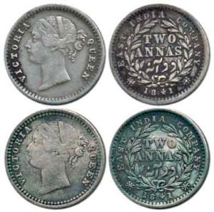 Victoria Queen, Silver 2 Annas (2), 1841, divided legend, WW raised. About Very Fine, Scar