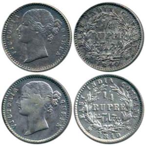 Victoria Queen, Silver ¼ Rupee (2), 1840, divided legend, WW raised. Fine+ to About Very F