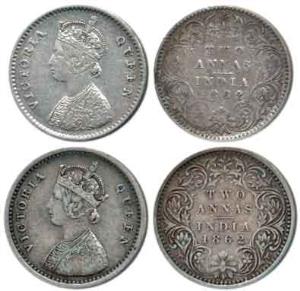 Victoria Queen, Silver 2 Annas (2), 1862, Calcutta Mint, No Mint Mark and Bombay Mint, No 
