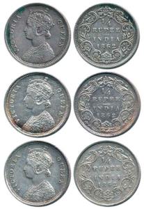 Victoria Queen, Silver ¼ Rupee (3), 1862, Calcutta Mint, No Mint Mark. Very Fine to Very F