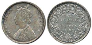 Victoria Queen, Silver ½ Rupee, 1862, B1 / II / No Mint Mark. Very Fine, Rare.