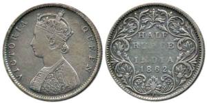 Victoria Queen, Silver ½ Rupee, 1862, B1 / II / No Mint Mark. About Very Fine, Rare.