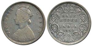 Victoria Queen, Silver ½ Rupee, 1862, Calcutta Mint, obv. A, rev. I, No Mint Mark. About V