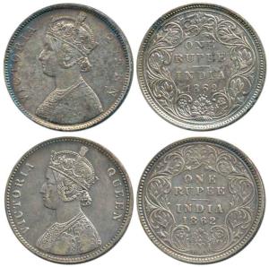 Victoria Queen, Silver Rupee (2), 1862, Bombay Mint, A / I / 0 / 0 and B / II / 0 / 4. Ver