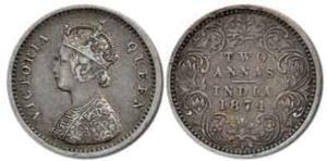 Victoria Queen, Silver 2 Annas, 1874, Calcutta Mint, No Mint Mark. Very Fine, Rare.