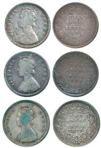 Victoria Queen, Silver 2 Annas (3), 1875, Calcutta Mint, No Mint Mark (2) and 1876, Calcut
