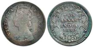 Victoria Empress, Silver 2 Annas, 1880, Calcutta Mint, 'C' incused. About Very Fine, Very 